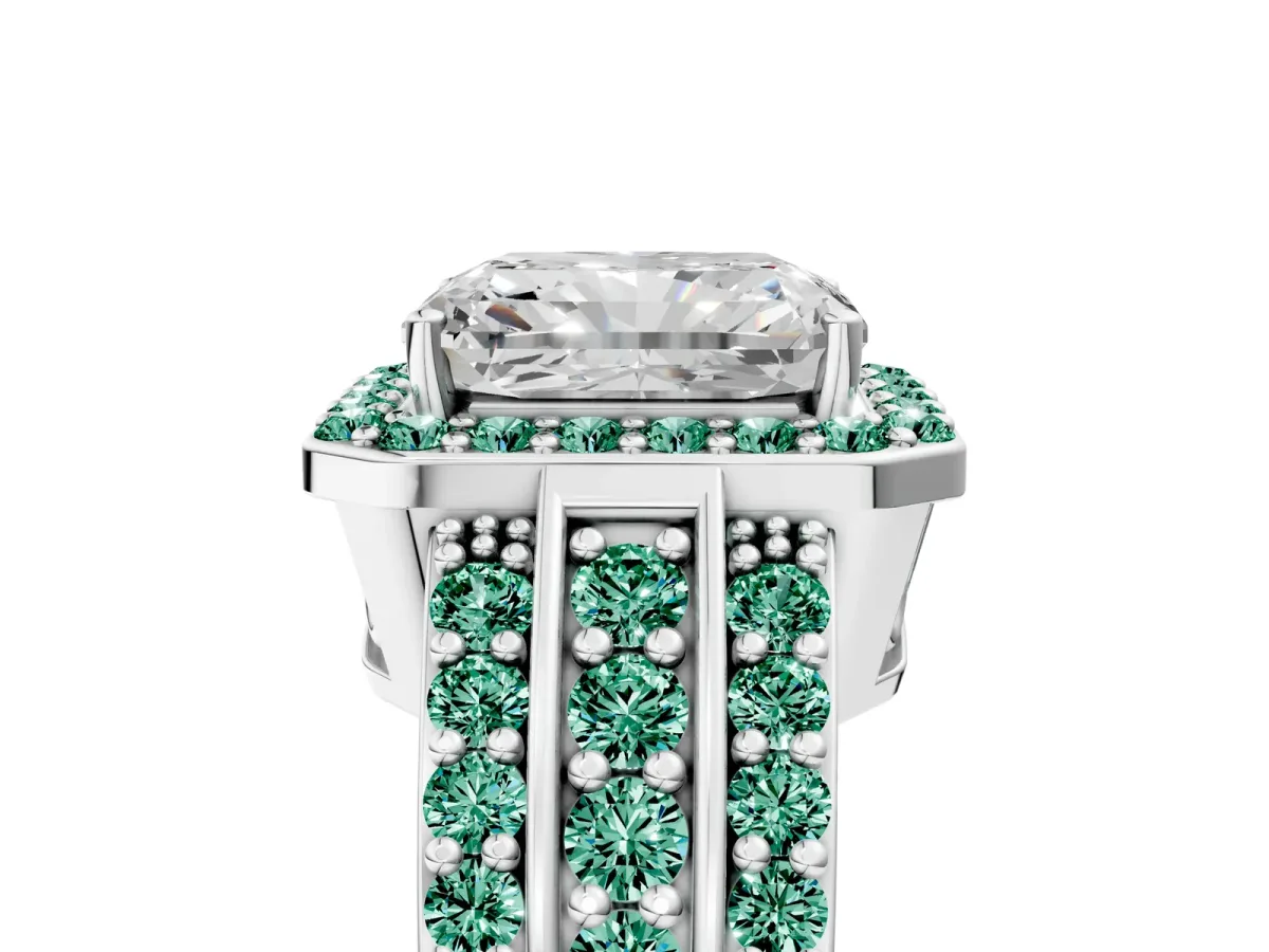 Radiant Cut Halo Diamond Ring with Round Green Sapphire Split Shank and Prong Setting Platinum