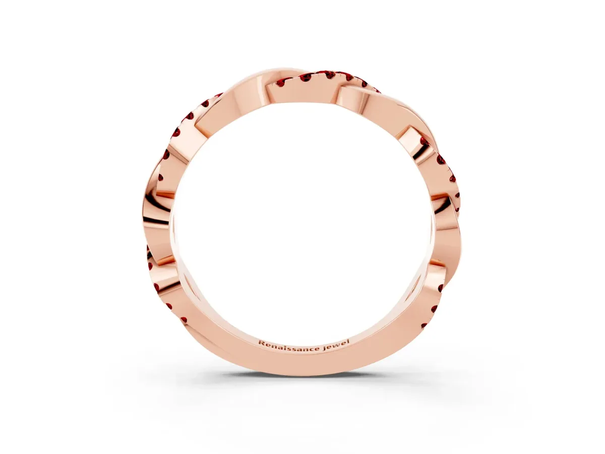 Pavé Round Ruby Twist Eternity Band with Shared Prong Setting Rose gold