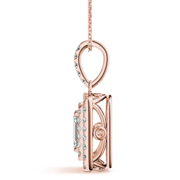 Emerald Cut Double Halo Diamond Pendant with Prong Setting Rose gold