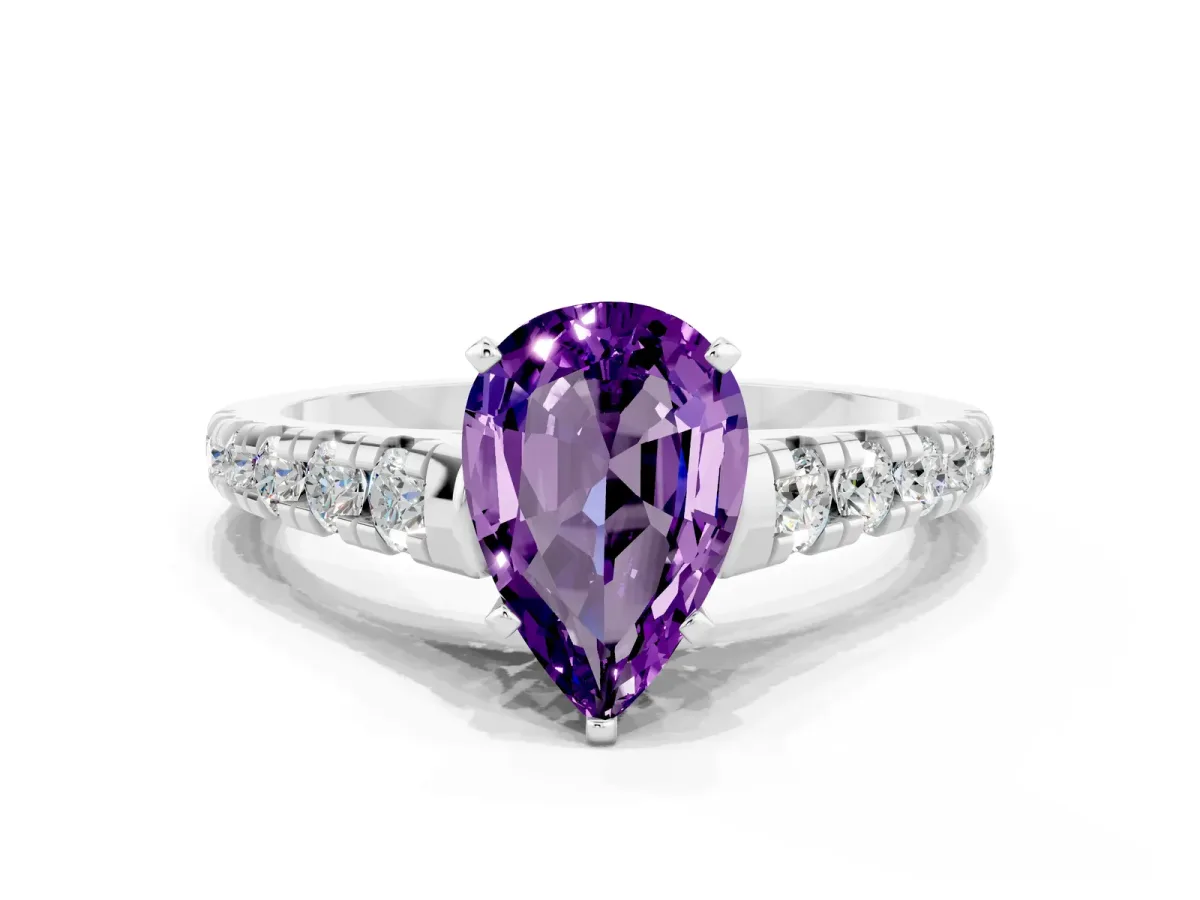 Pear Cut Amethyst Cathedral Solitaire Ring with Round Pavé Band White gold