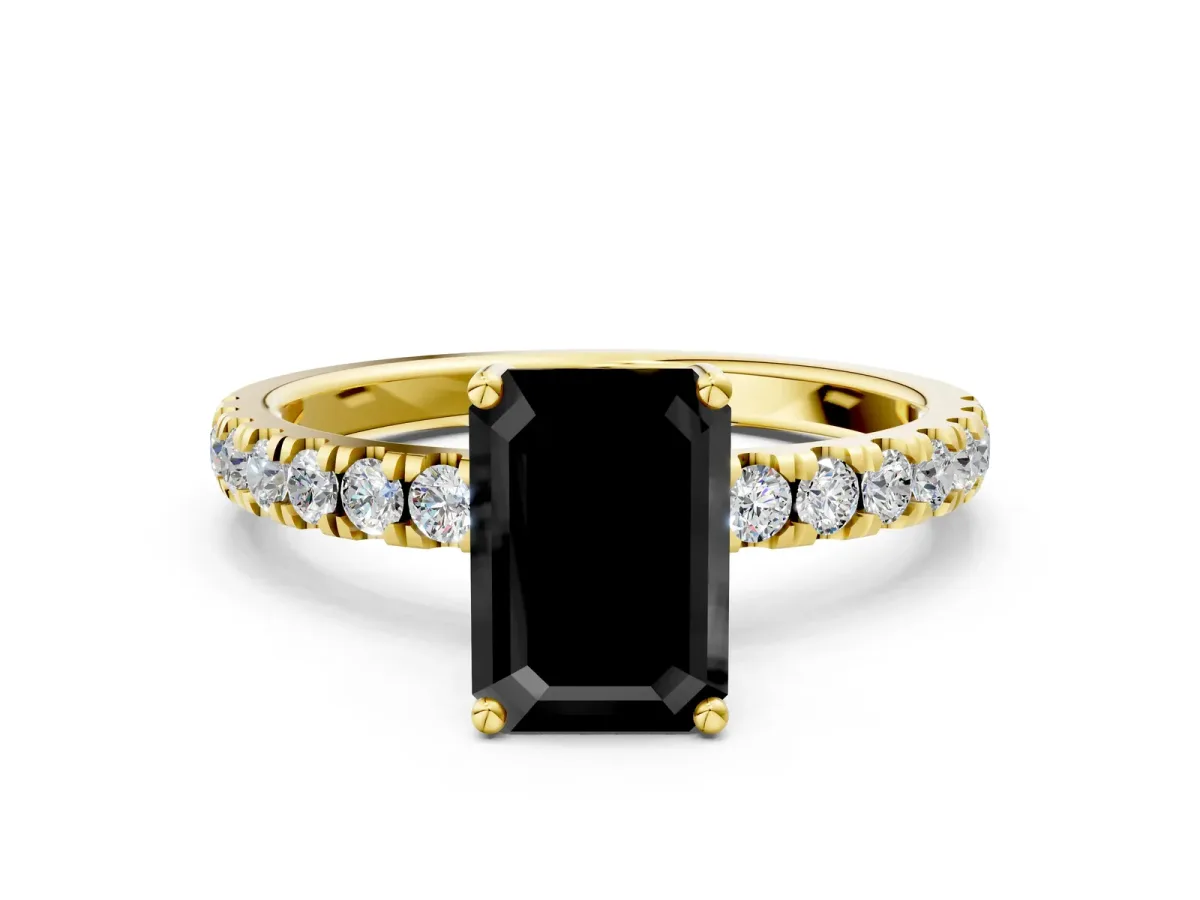 Fancy Black Emerald Cut Diamond Pave Band Solitaire Ring with Round and Prong Setting Yellow gold