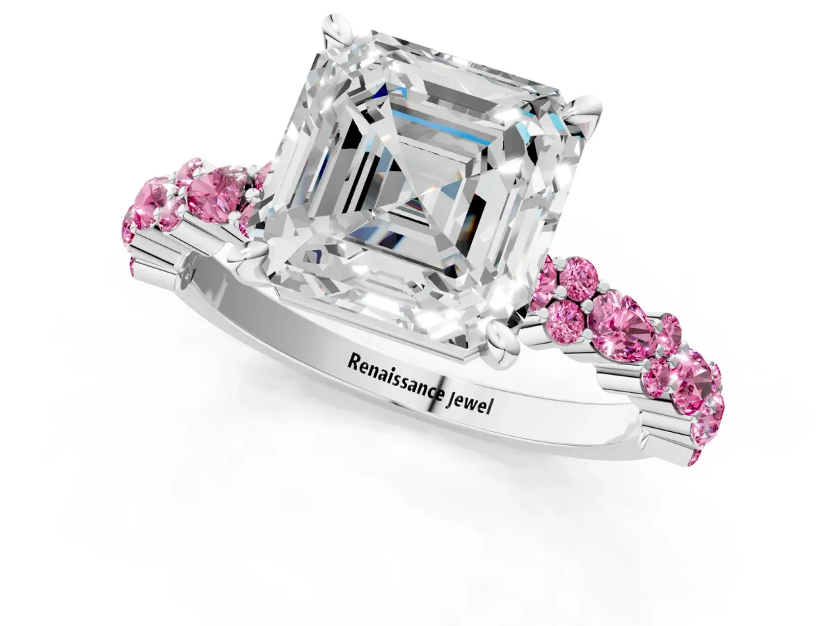 Asscher Cut Diamond Side Stone Solitaire Ring with Round Pink Sapphire and Four-Prong Setting Silver
