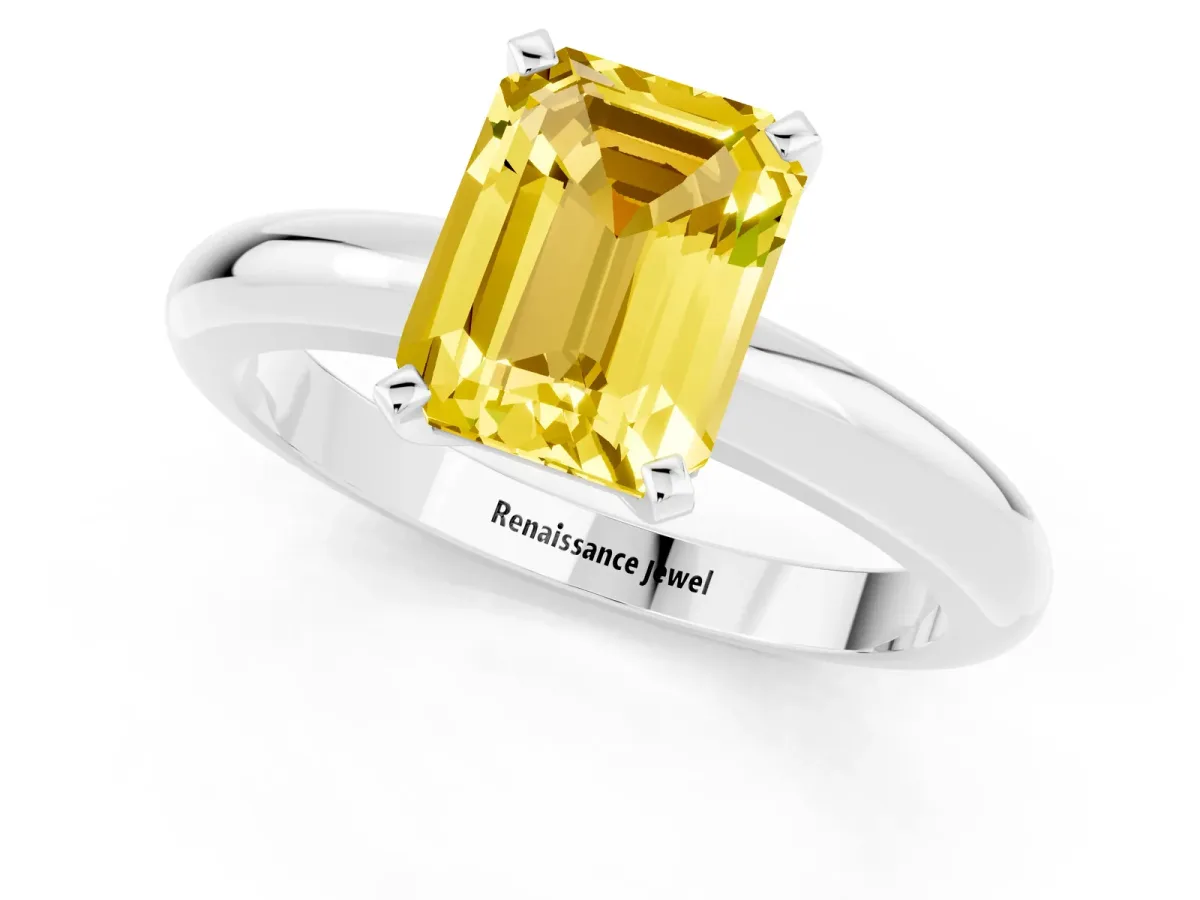 Emerald Cut Yellow Sapphire Solitaire Engagement Ring with Round Band and Four-Prong Setting Silver