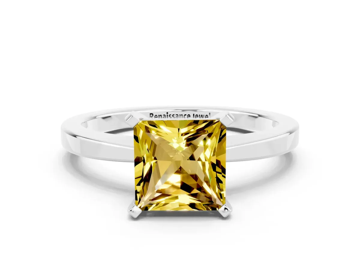 Princess Cut Yellow Sapphire Solitaire Engagement Ring with Classic Band and Four-Prong Setting Silver