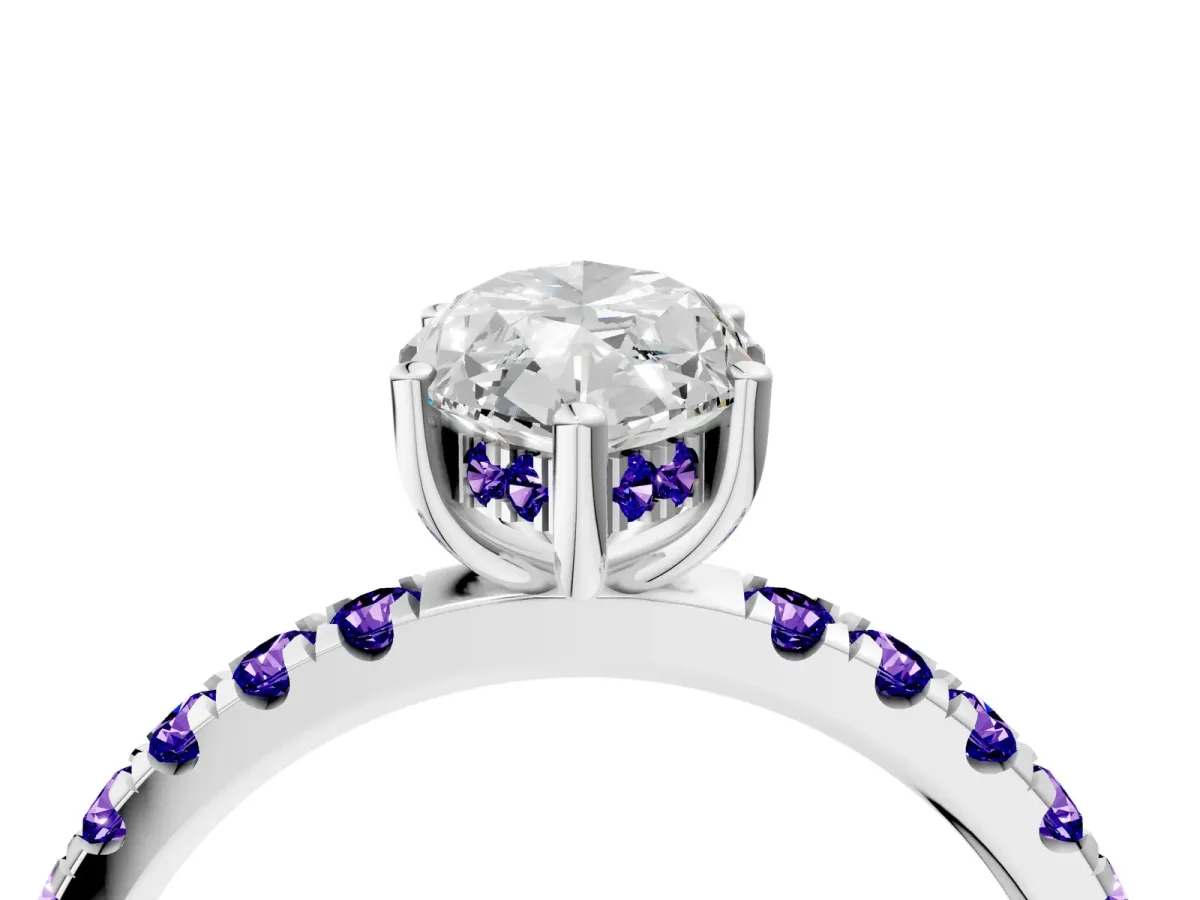 Marquise Cut Diamond Pave Band Solitaire Ring with Round Tanzanite and Prong Setting Platinum