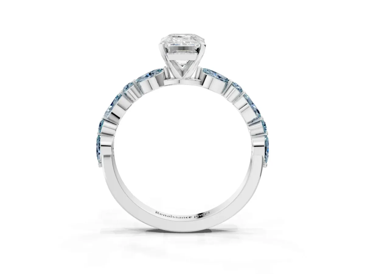 Emerald Cut Diamond Ring with Marquise and Round Aquamarine Side Stones and Four-Prong Setting Silver