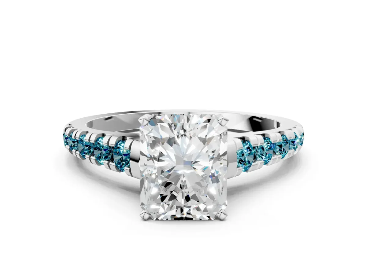 Radiant Cut Diamond Cathedral Solitaire Ring with Round Blue Topaz Pavé Band Silver