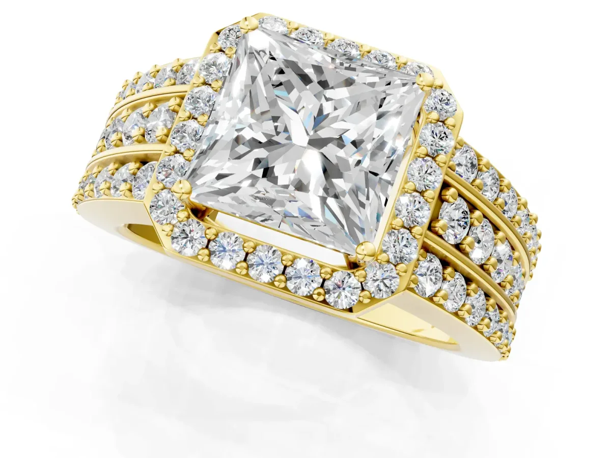 Princess Cut Halo Diamond Ring with Round Moissanite Split Shank and Prong Setting Yellow gold