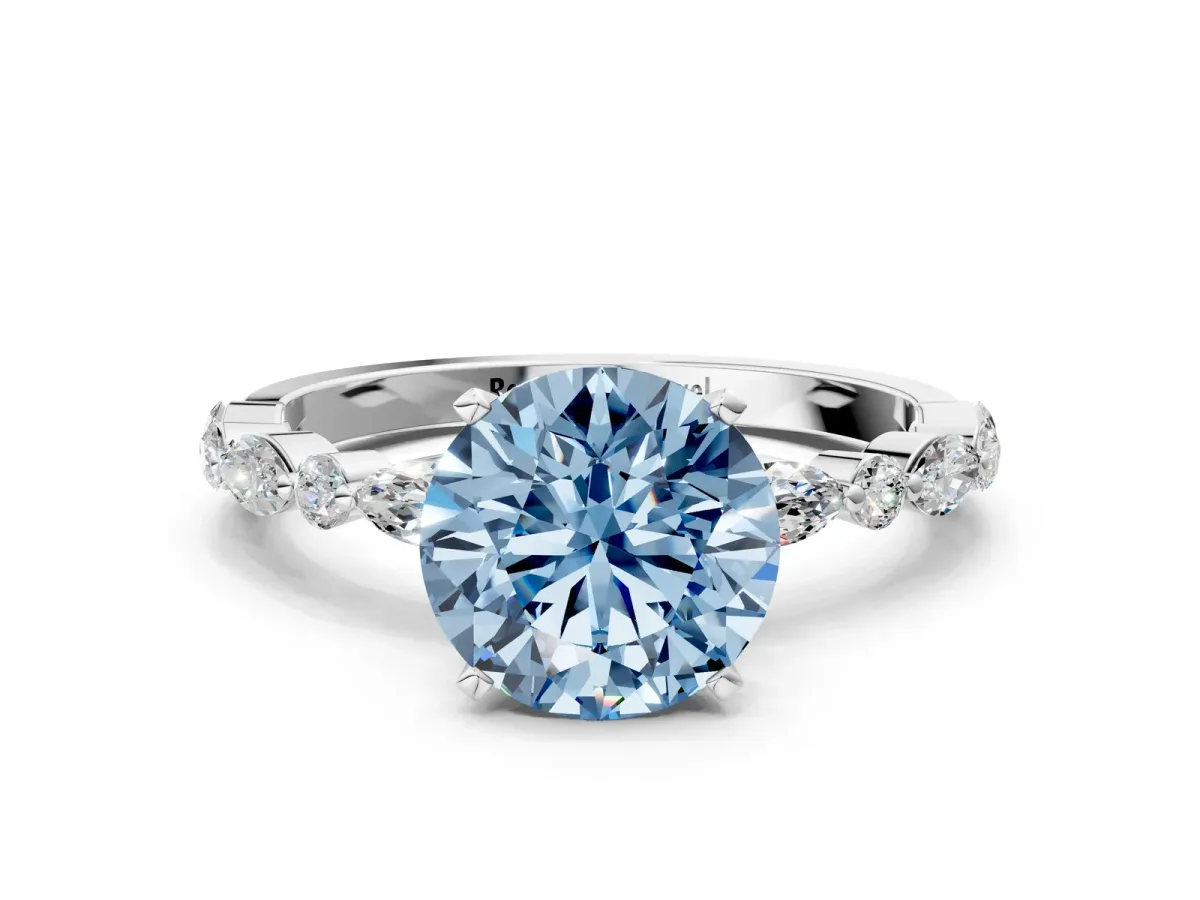 Fancy Blue Round Cut Diamond Ring with Marquise and Round Side Stones and Four-Prong Setting White gold