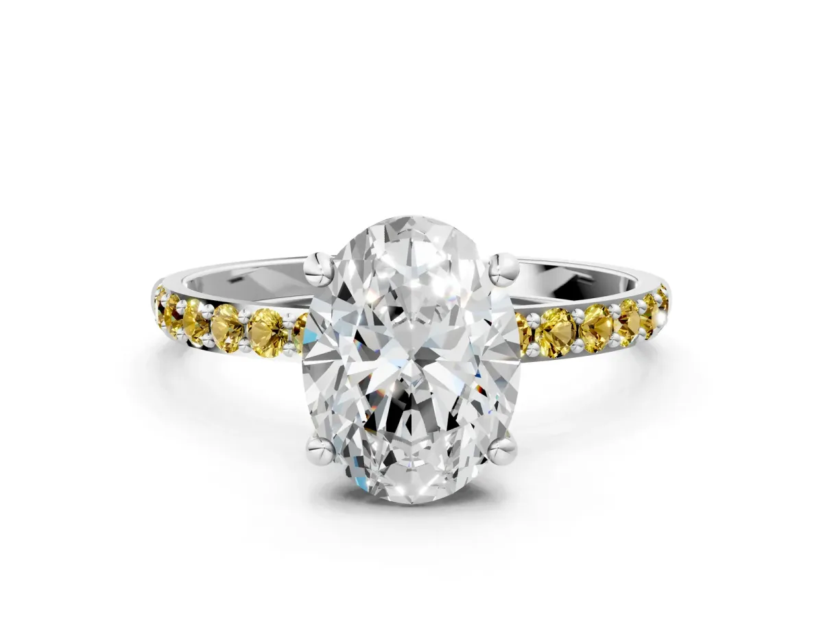 Oval Cut Diamond Solitaire Ring with Round Yellow Sapphire Pavé Band and Prong Setting Platinum