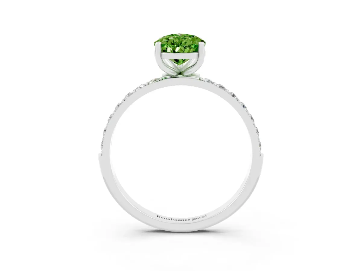 Pear Cut Peridot Solitaire Ring with Round Pavé Band and Prong Setting Platinum
