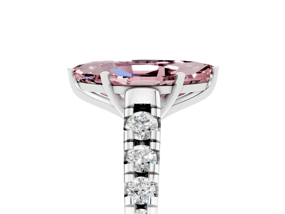 Marquise Cut Morganite Cathedral Solitaire Ring with Round Pavé Band Silver