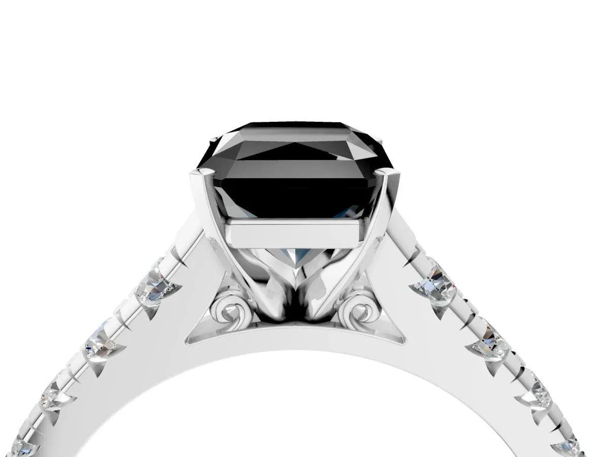 Fancy Black Radiant Cut Diamond Cathedral Solitaire Ring with Round Pavé Band Silver