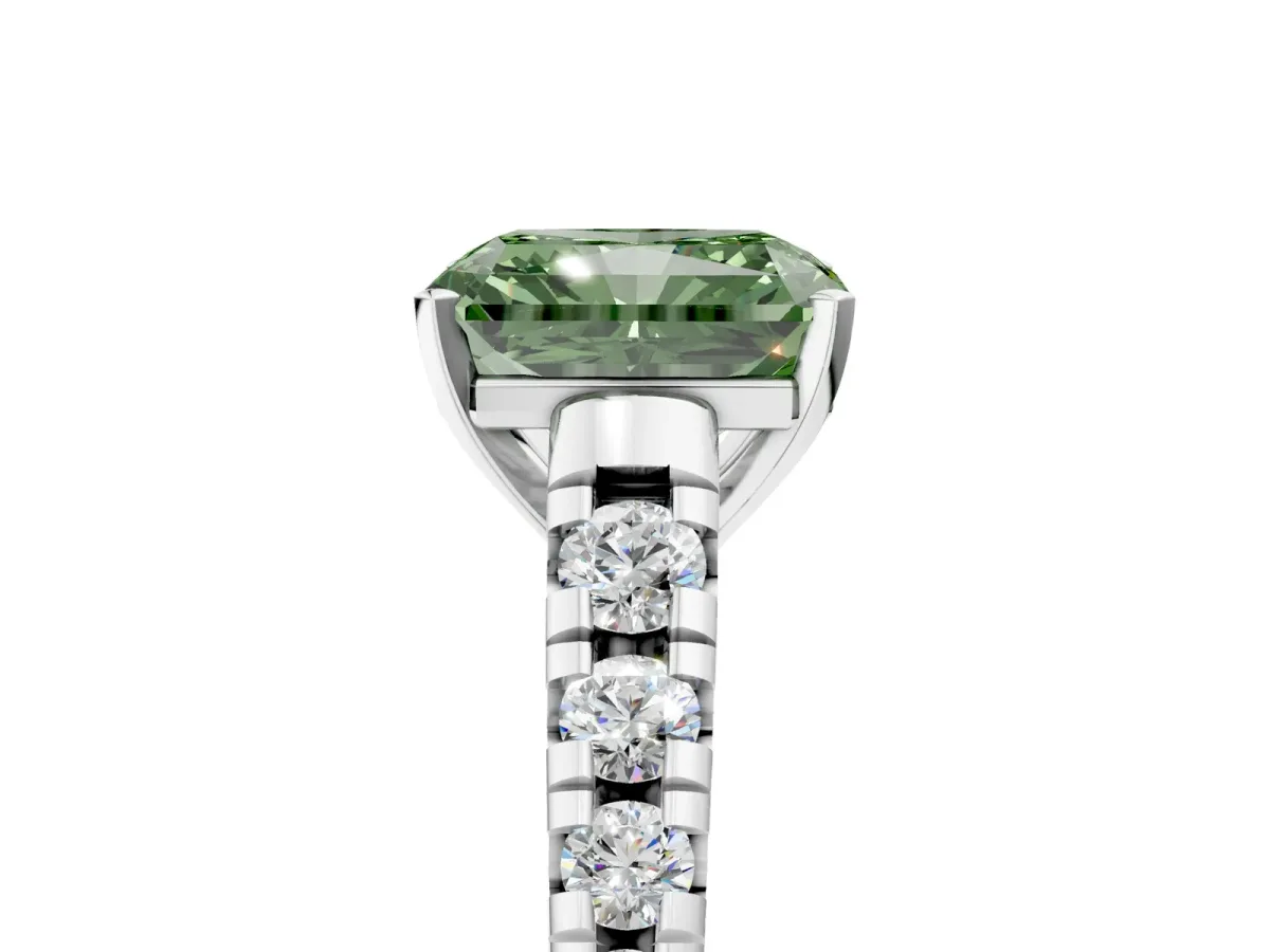 Fancy Green Radiant Cut Diamond Cathedral Solitaire Ring with Round Pavé Band Platinum