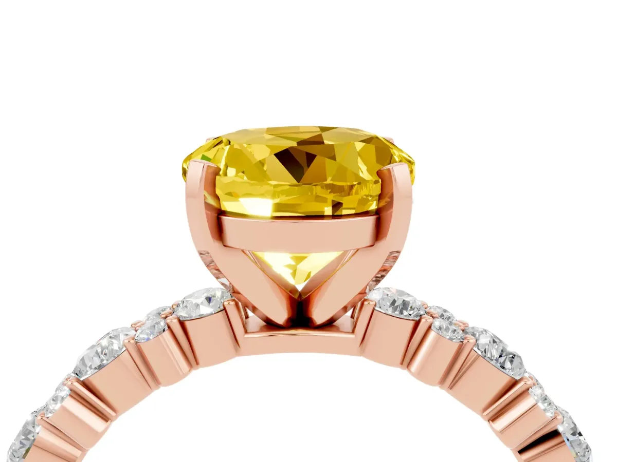 Round Cut Yellow Sapphire Side Stone Solitaire Ring with Round and Four-Prong Setting Rose gold