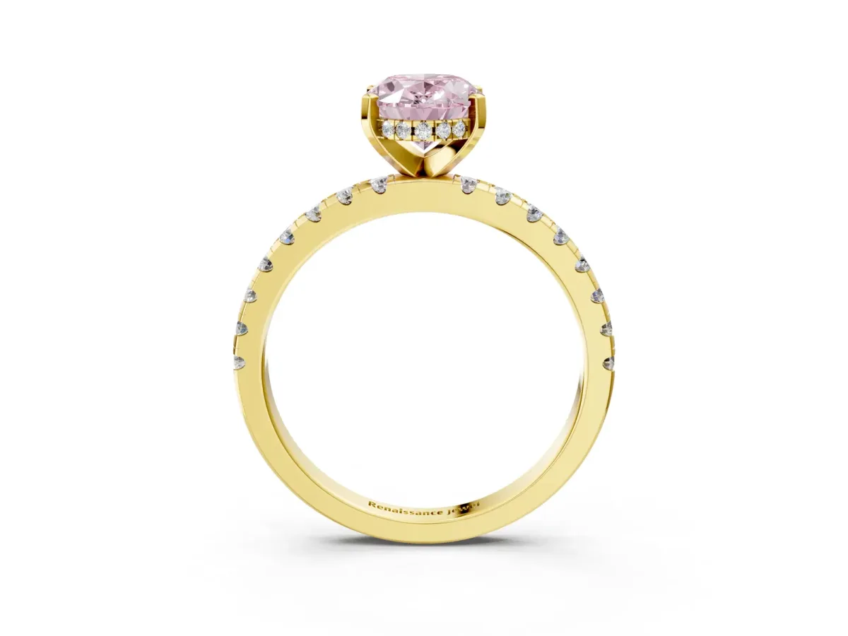 Fancy Pink Oval Cut Diamond Solitaire Ring with Round Pavé Band and Four-Prong Setting Yellow gold