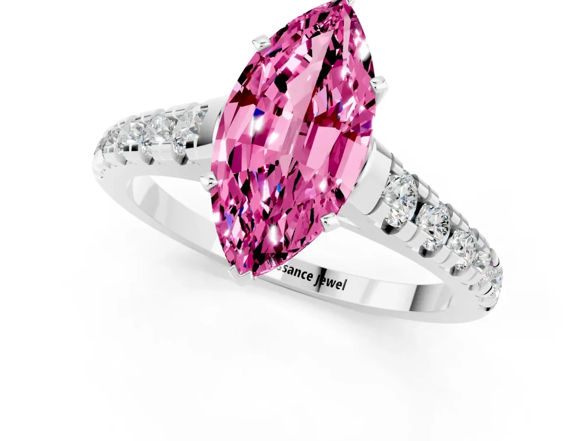 Marquise Cut Pink Sapphire Cathedral Solitaire Ring with Round Pavé Band Platinum