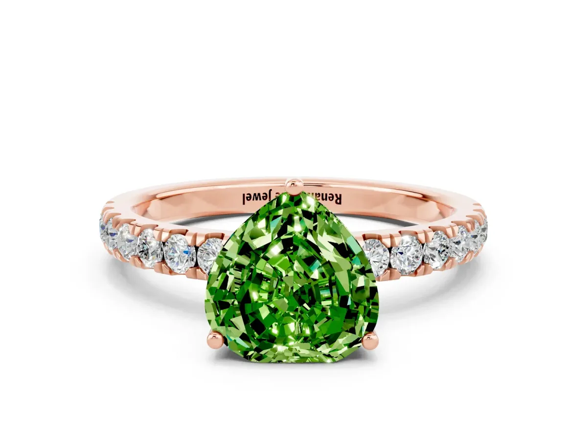 Heart Cut Peridot Pave Band Solitaire Ring with Round and Prong Setting Rose gold