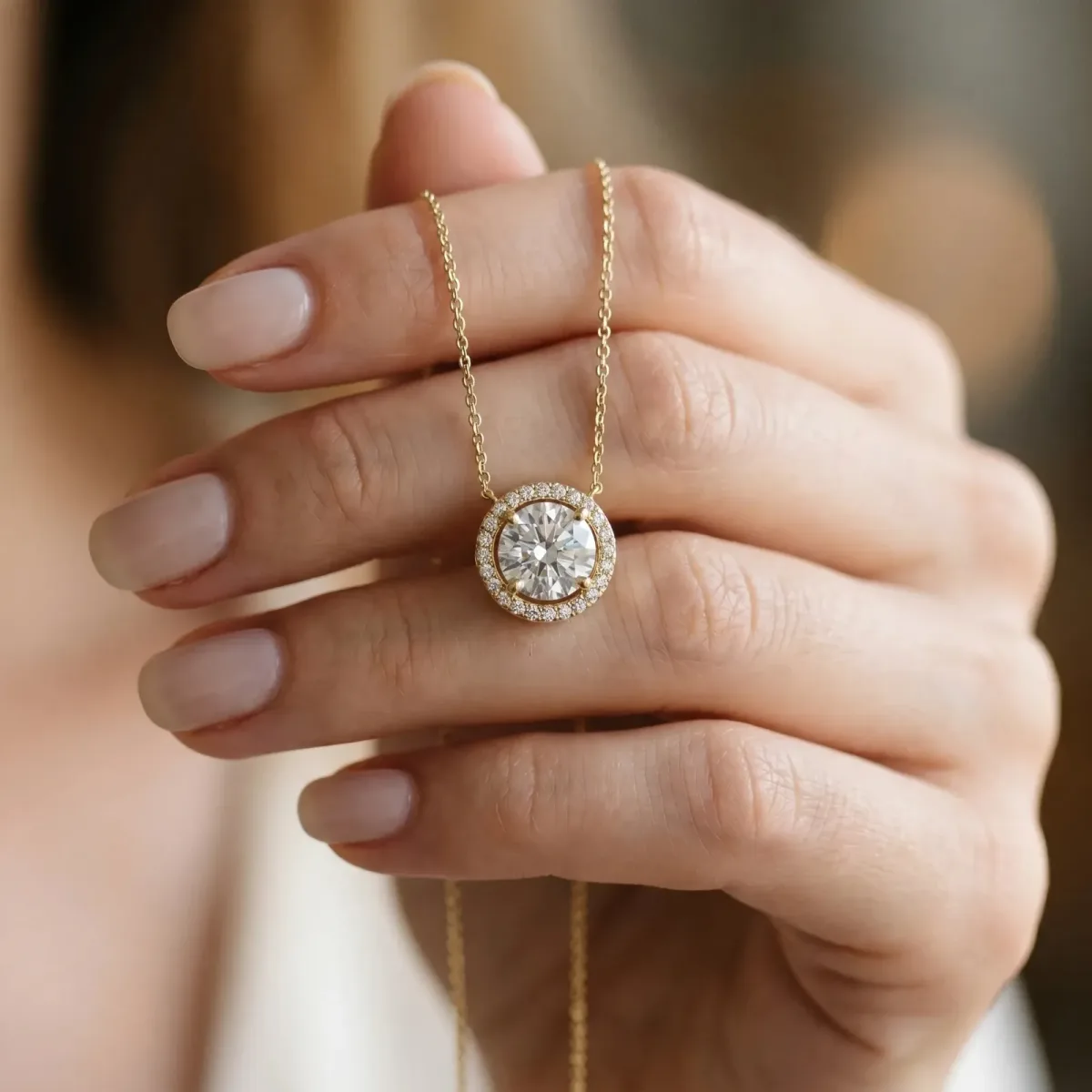 Round Halo Prong Set Pendant Yellow gold