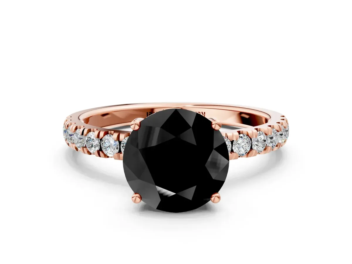 Fancy Black Round Cut Diamond Pave Band Solitaire Ring with Round and Prong Setting Rose gold