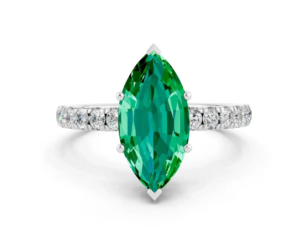 Marquise Cut Emerald Pave Band Solitaire Ring with Round and Prong Setting Platinum