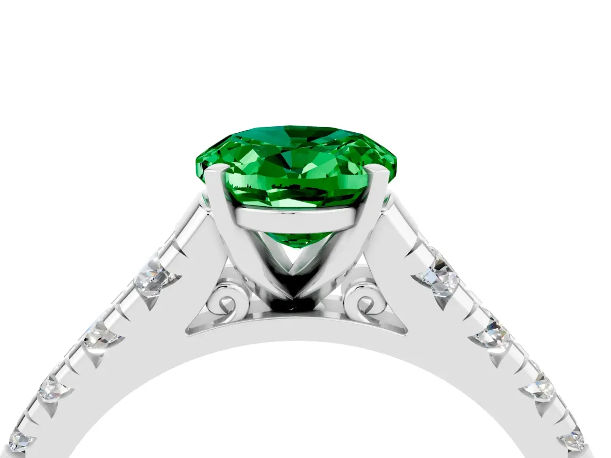 Oval Cut Emerald Cathedral Solitaire Ring with Round Pavé Band Silver