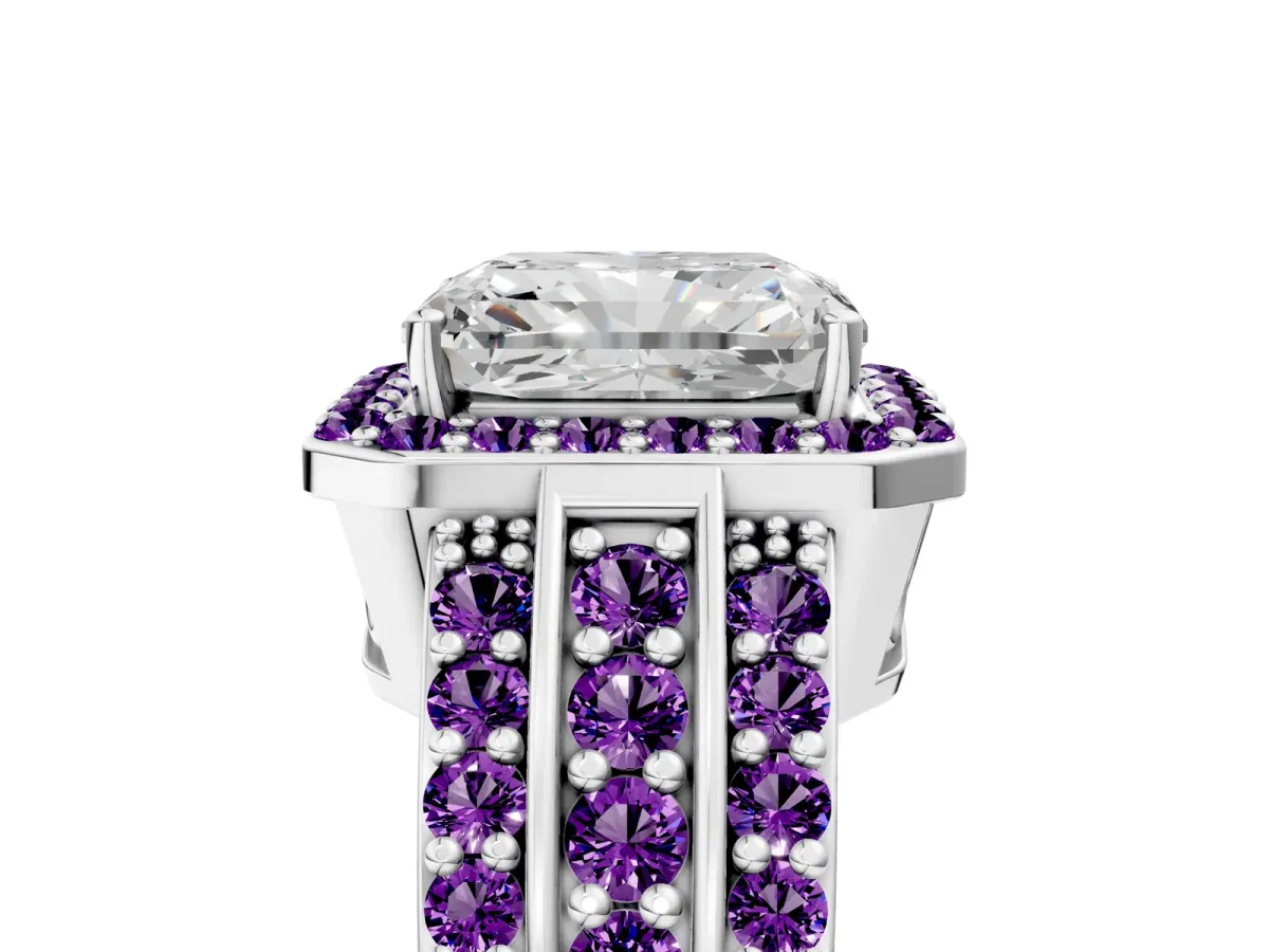 Radiant Cut Halo Diamond Ring with Round Amethyst Split Shank and Prong Setting Platinum