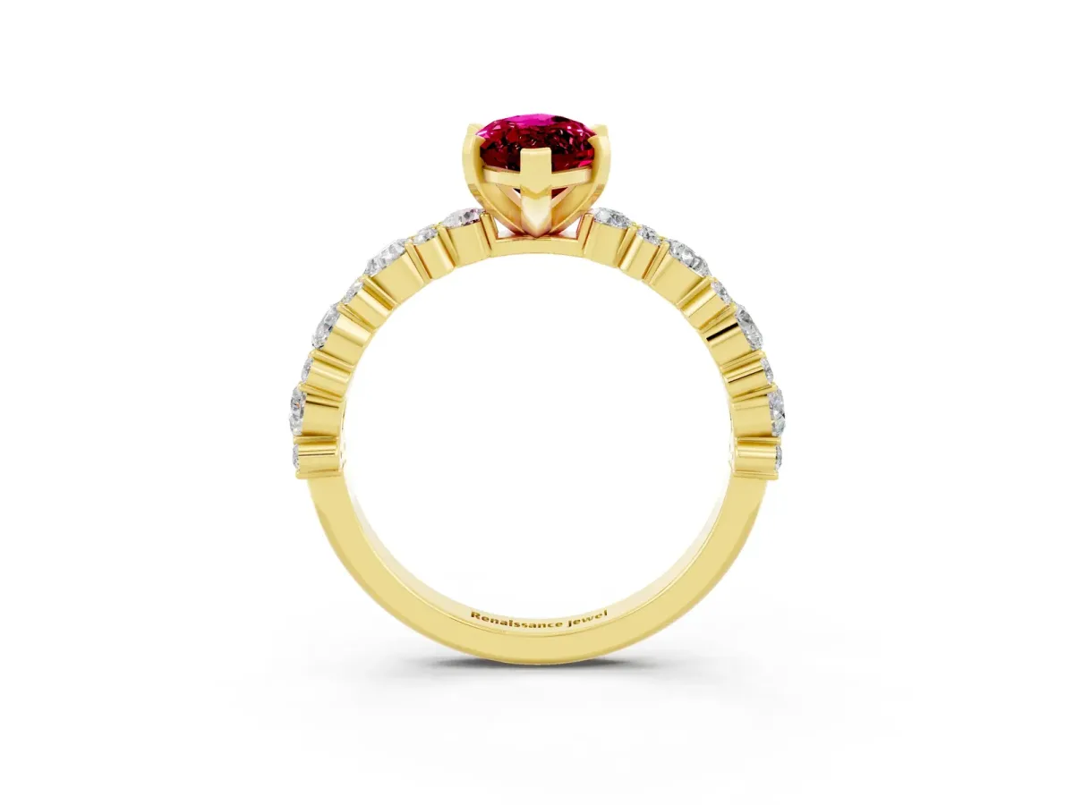 Marquise Cut Garnet Side Stone Solitaire Ring with Round and Four-Prong Setting Yellow gold