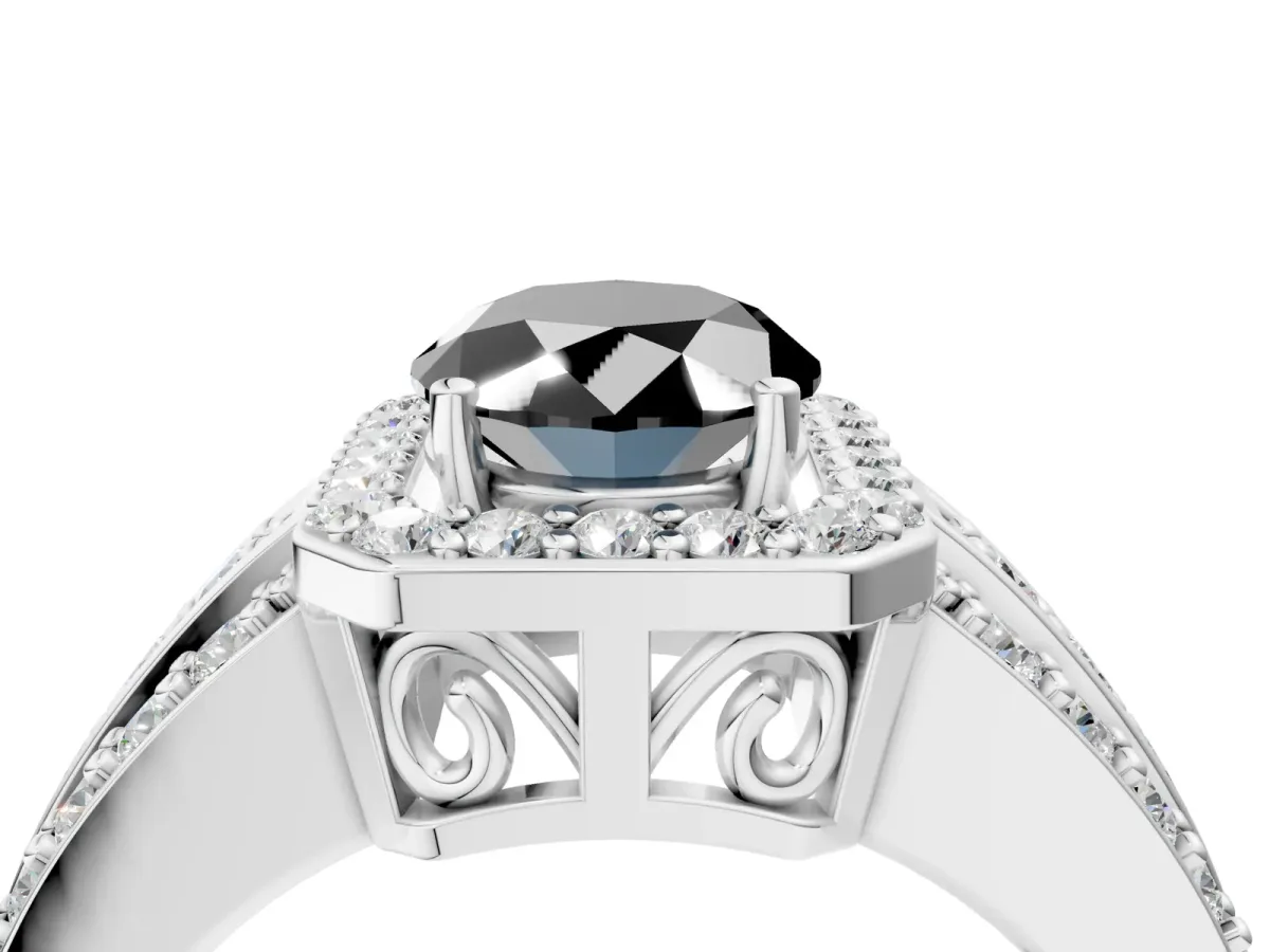 Fancy Black Oval Cut Halo Diamond Ring with Round Split Shank and Prong Setting Silver