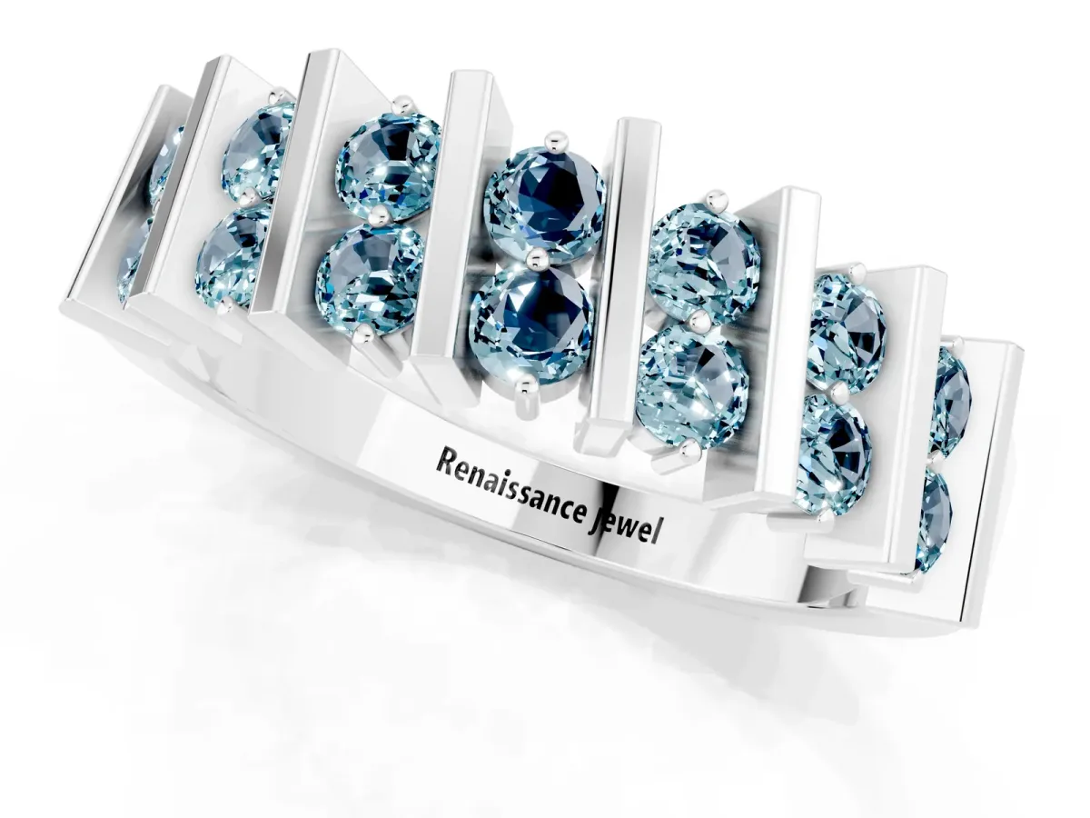 Channel Set Round Aquamarine Anniversary Band with Vertical Prongs Silver
