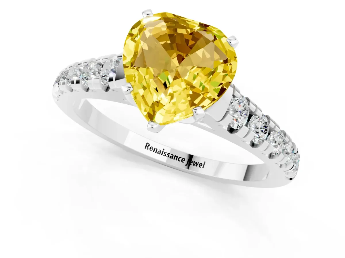 Heart Cut Yellow Sapphire Cathedral Solitaire Ring with Round Pavé Band Platinum