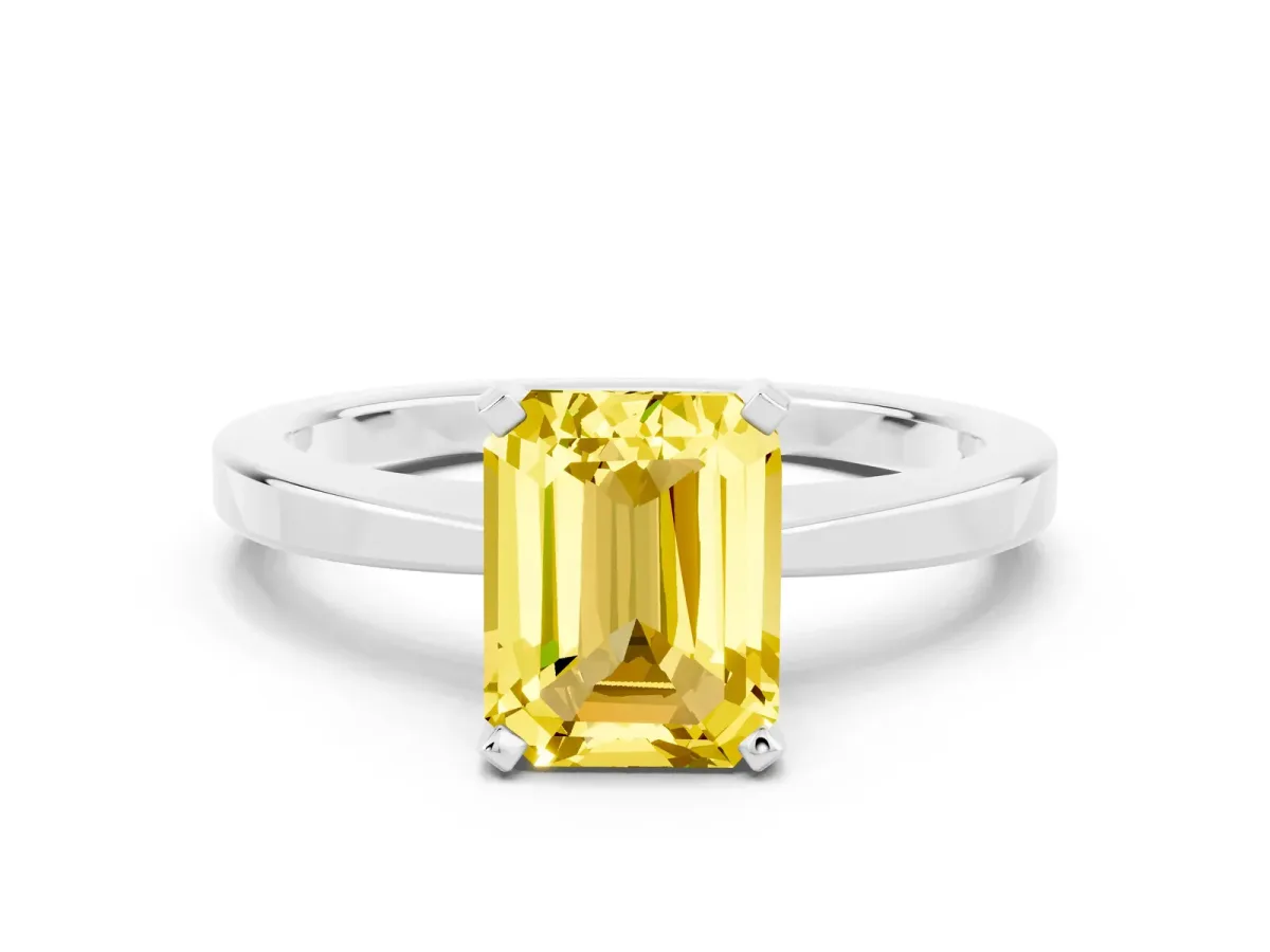 Emerald Cut Yellow Sapphire Solitaire Engagement Ring with Classic Band and Four-Prong Setting Silver