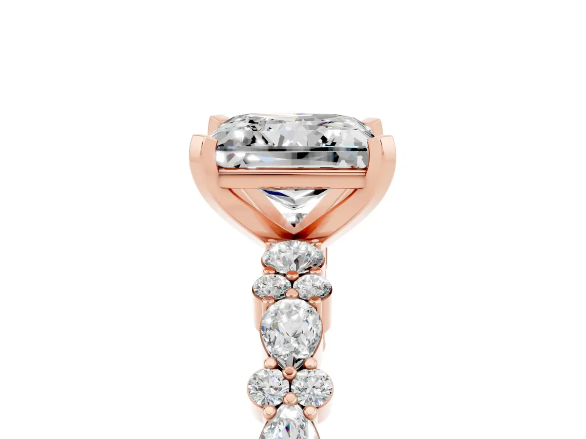 Princess Cut Moissanite Side Stone Solitaire Ring with Round and Four-Prong Setting Rose gold