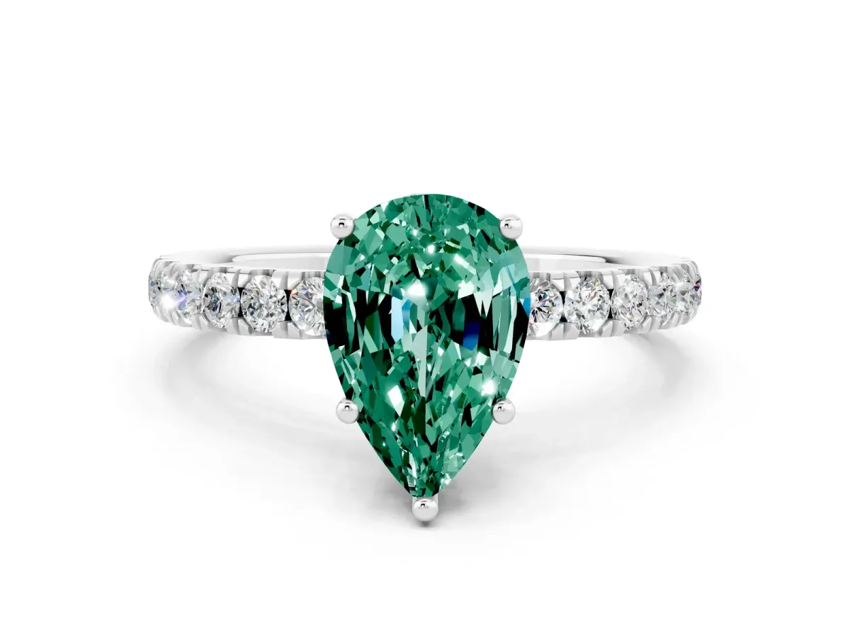 Pear Cut Green Sapphire Pave Band Solitaire Ring with Round and Prong Setting White gold