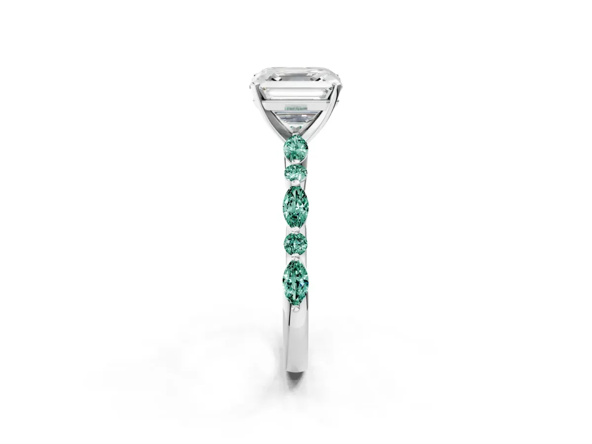 Asscher Cut Diamond Ring with Marquise and Round Green Sapphire Side Stones and Four-Prong Setting Platinum