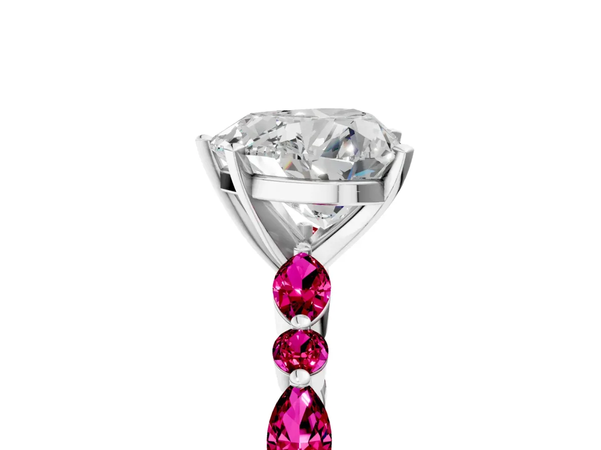 Heart Cut Diamond Ring with Marquise and Round Garnet Side Stones and Four-Prong Setting Silver