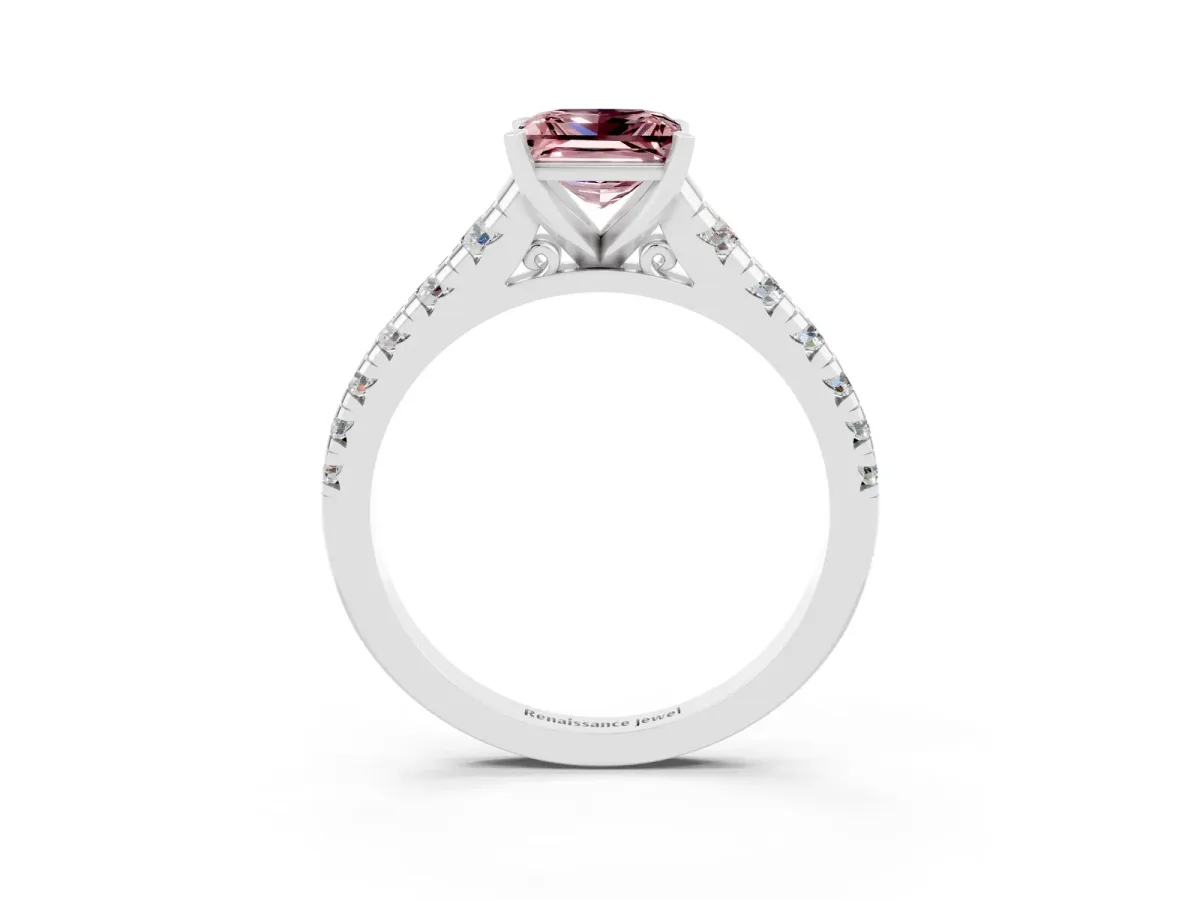 Princess Cut Morganite Cathedral Solitaire Ring with Round Pavé Band White gold