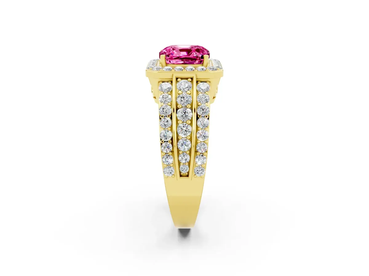 Cushion Cut Halo Pink Sapphire Ring with Round Split Shank and Prong Setting Yellow gold