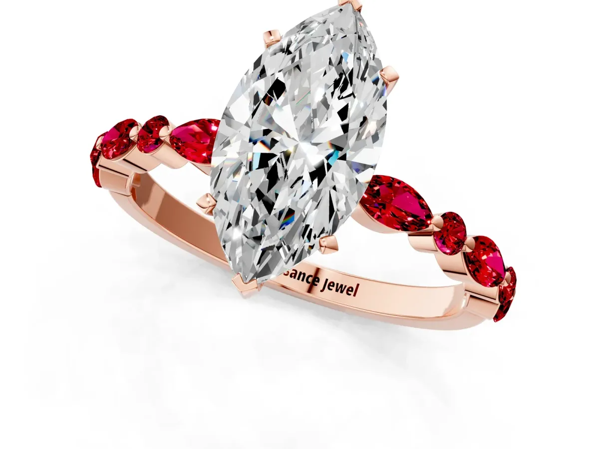 Marquise Cut Diamond Ring with Marquise and Round Ruby Side Stones and Four-Prong Setting Rose gold