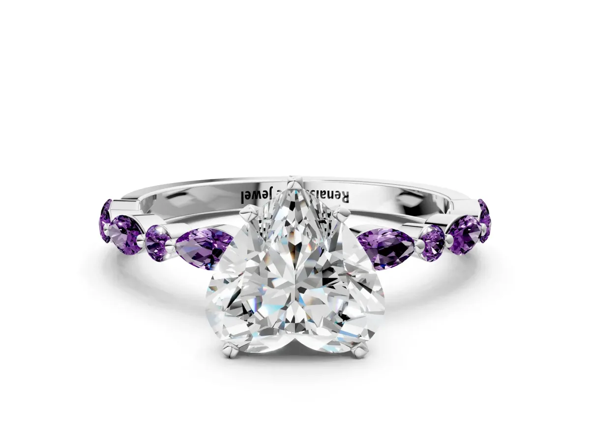 Heart Cut Diamond Ring with Marquise and Round Amethyst Side Stones and Four-Prong Setting Silver