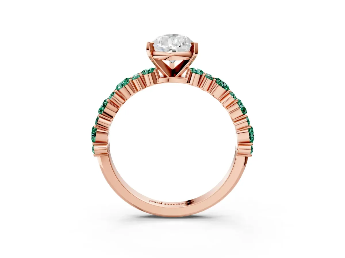 Pear Cut Diamond Side Stone Solitaire Ring with Round Green Sapphire and Four-Prong Setting Rose gold