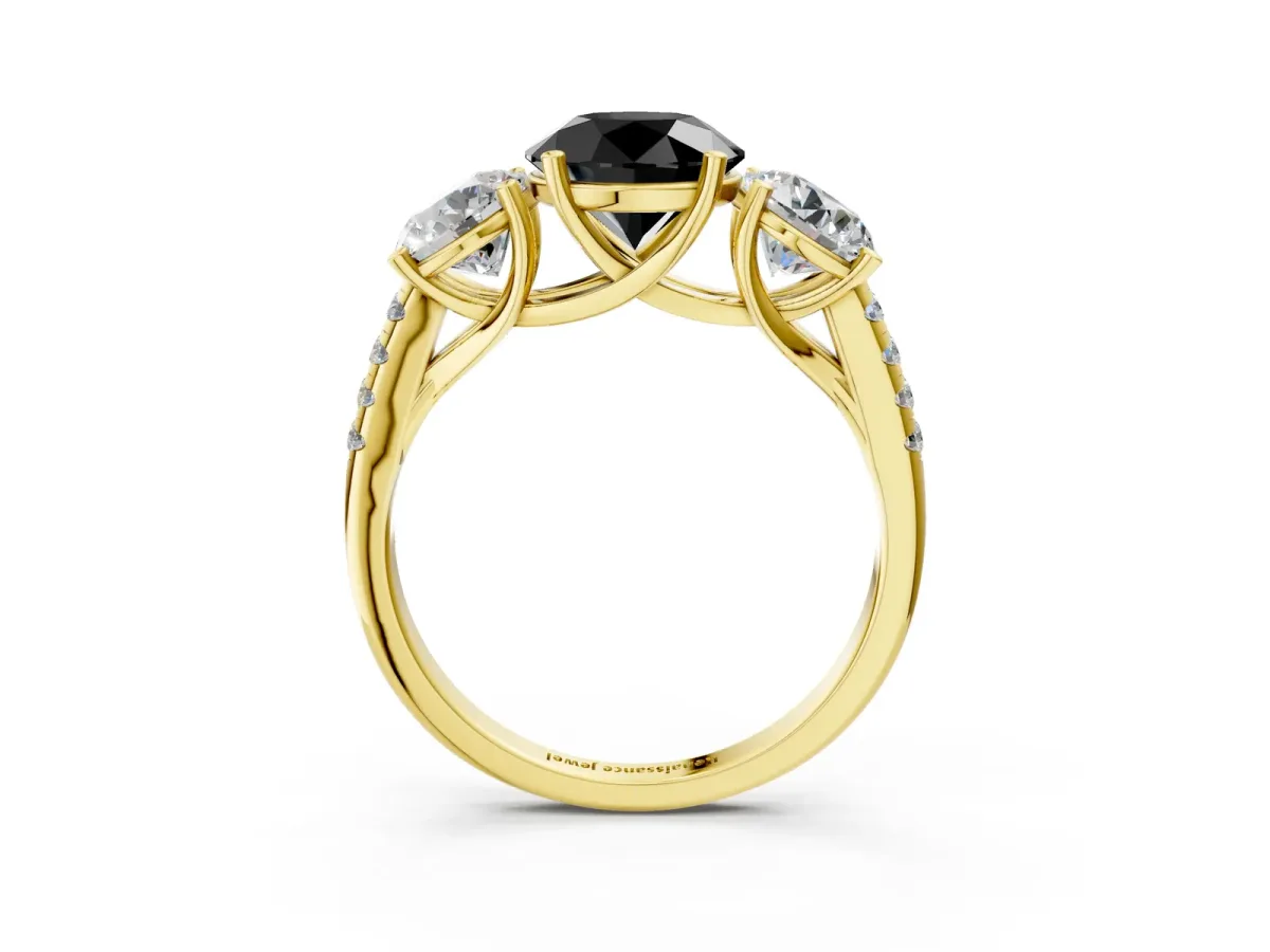 Fancy Black Three-Stone Round Cut Diamond Ring with Round Pavé Band and Prong Setting Yellow gold