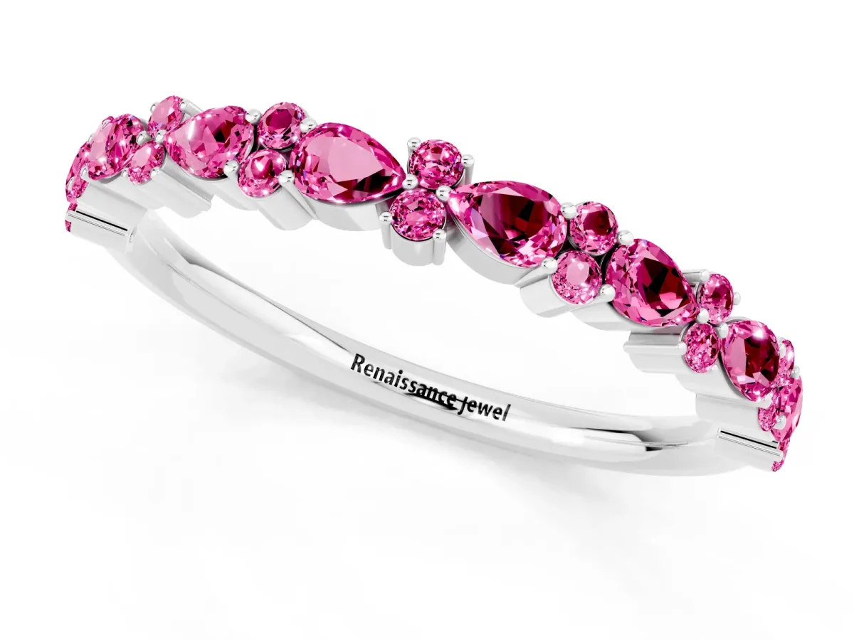 Pear and Round Pink Sapphire Wedding Band Silver