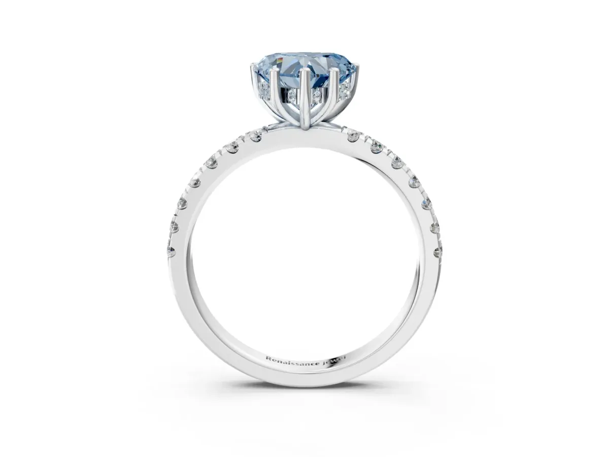 Fancy Blue Heart Cut Diamond Pave Band Solitaire Ring with Round and Prong Setting White gold