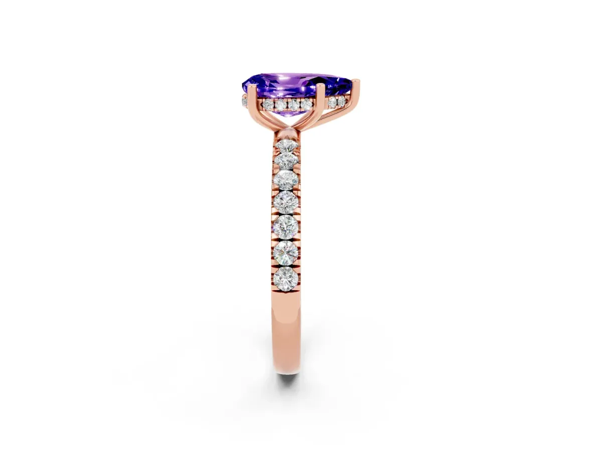 Pear Cut Tanzanite Pave Band Solitaire Ring with Round and Prong Setting Rose gold