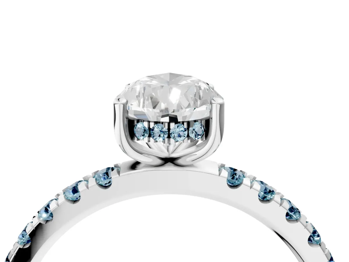 Pear Cut Diamond Pave Band Solitaire Ring with Round Aquamarine and Prong Setting Platinum