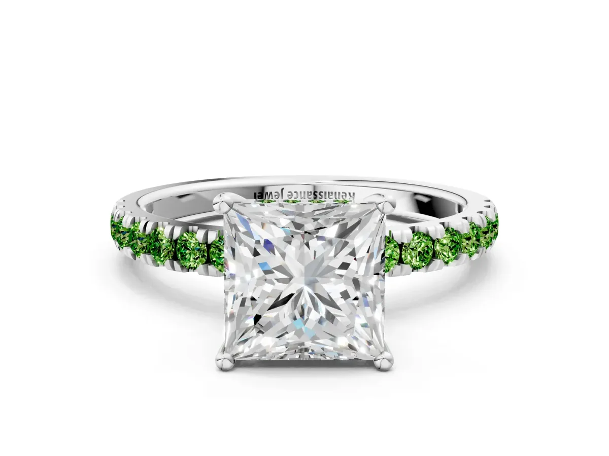 Princess Cut Diamond Pave Band Solitaire Ring with Round Peridot and Prong Setting Silver