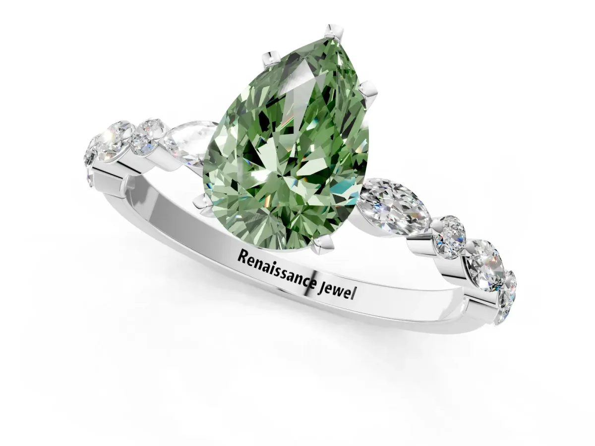 Fancy Green Pear Cut Diamond Ring with Marquise and Round Side Stones and Four-Prong Setting Platinum