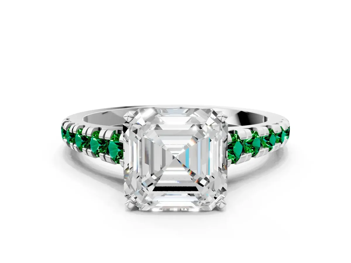 Asscher Cut Diamond Cathedral Solitaire Ring with Round Emerald Pavé Band White gold