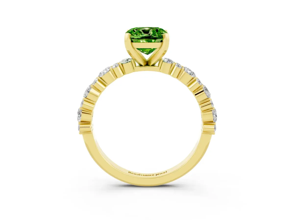 Cushion Cut Peridot Side Stone Solitaire Ring with Round and Four-Prong Setting Yellow gold
